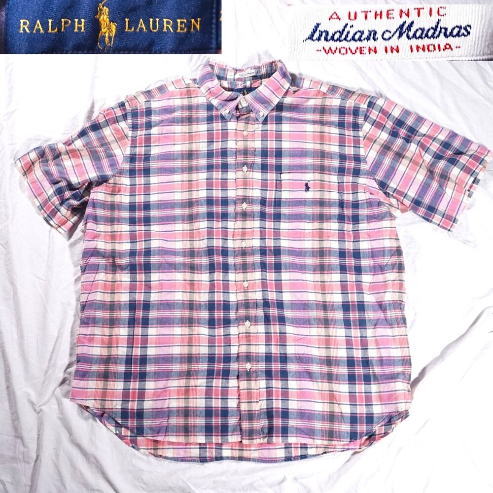 Polo Ralph Lauren Madras Shirt Pastel Pink Short Sleeve Button Up Mens 2XB